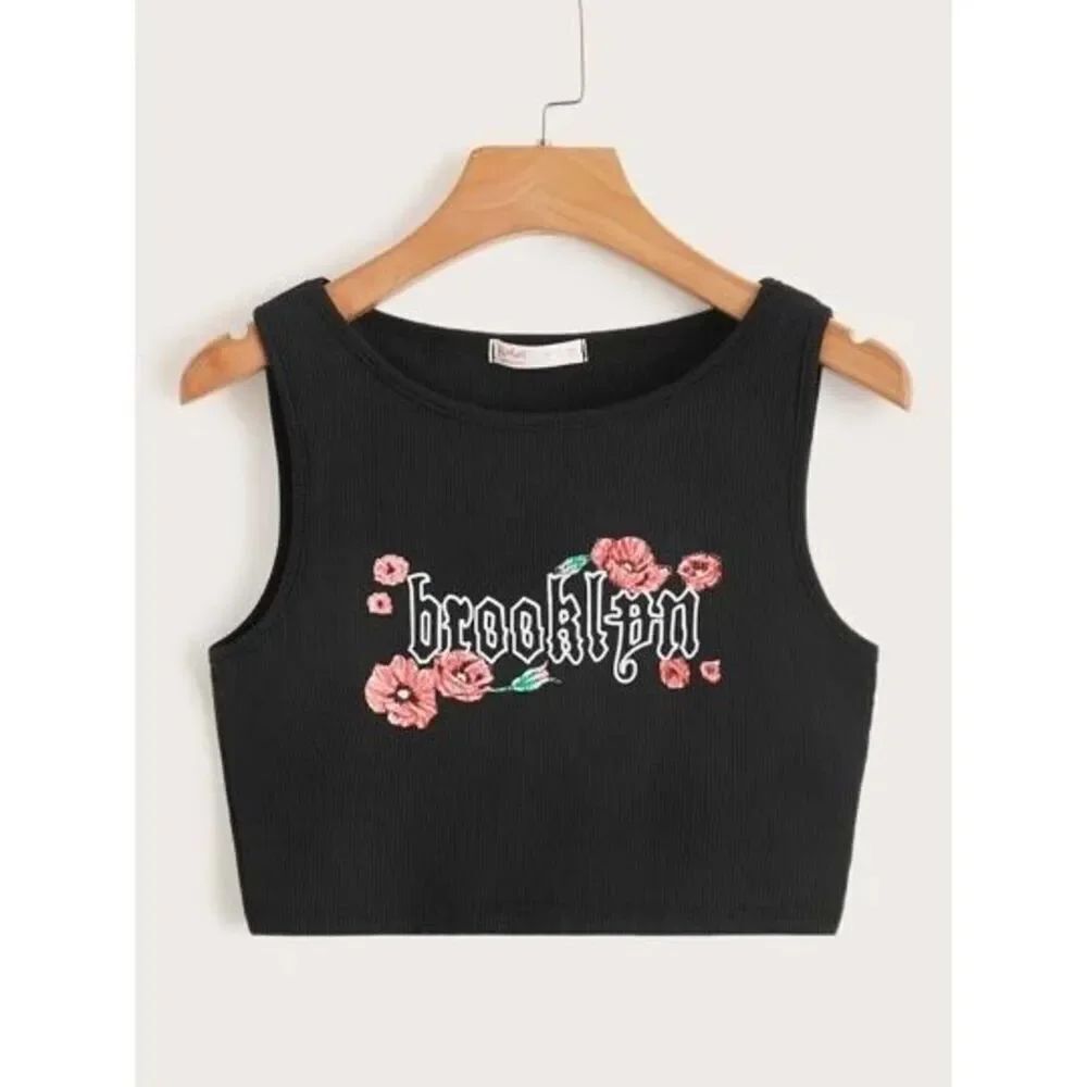 NWT Womens Romwe Rom We Brooklyn Ribbed Black Crop Top Sleeveless Tank Top Sz M